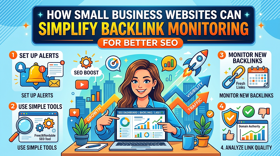 Infographic about simplifying backlink monitoring for SEO, showing a woman at a laptop with steps, charts, and icons.