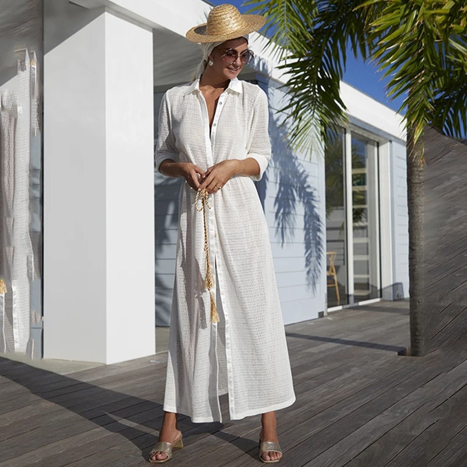 Thumbnail: 2022 Crochet White Knitted Beach Cover up dress Tunic Long 