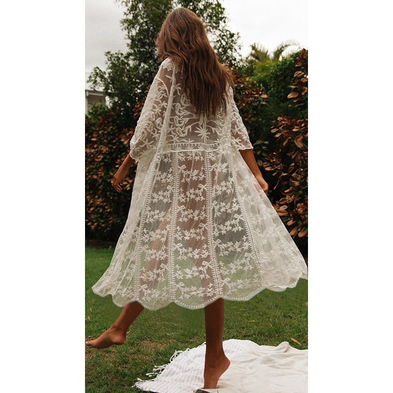 Thumbnail: 2022 Crochet White Knitted Beach Cover up dress Tunic Long 