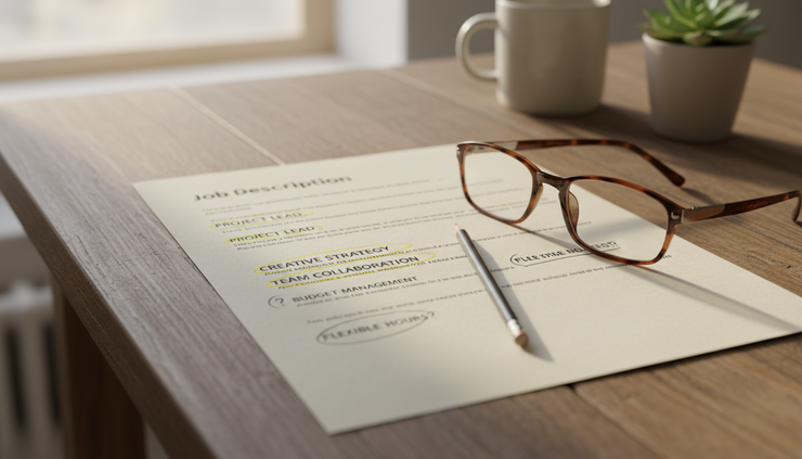 Close-up view of a printed job description with highlighted skills and handwritten notes in the margins.