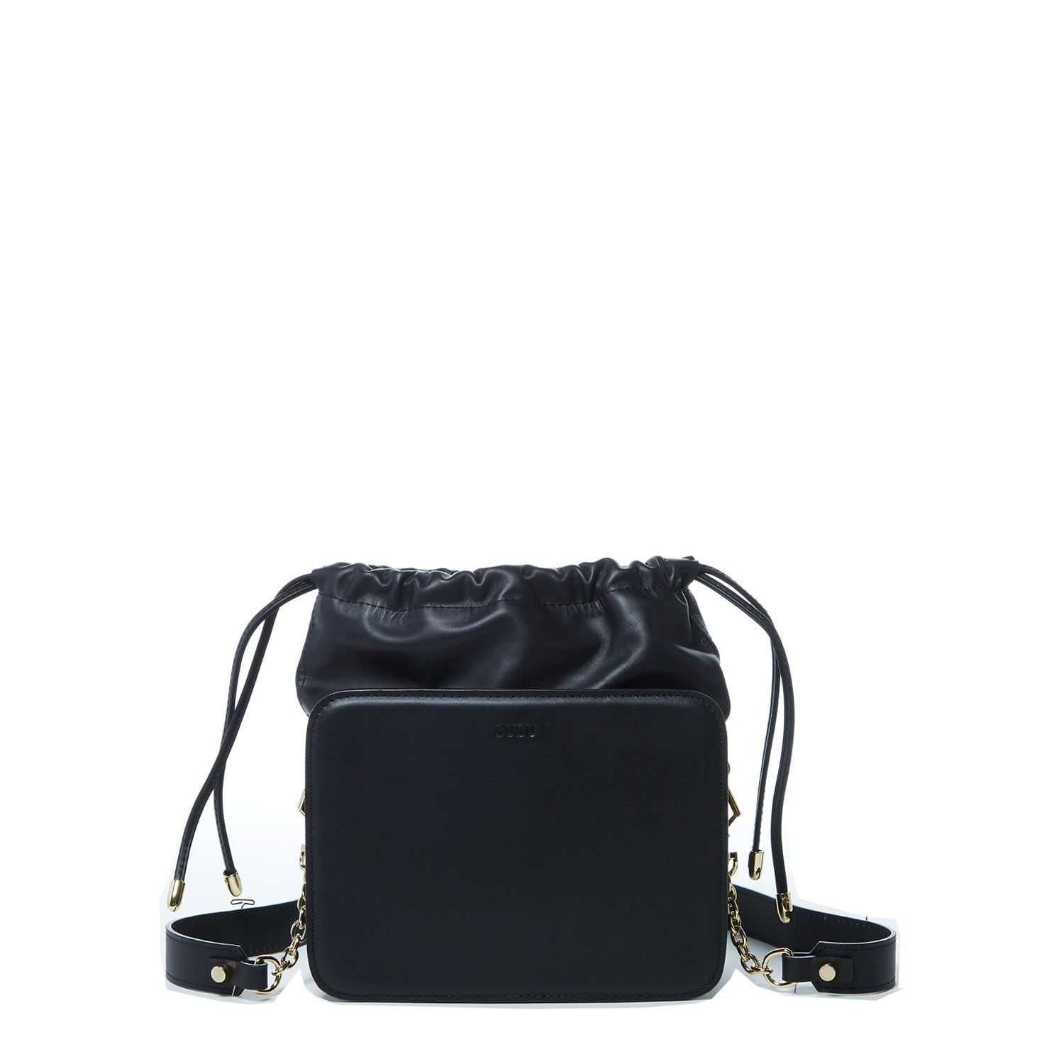 Leather Bucket Bag Black Purse Drawstring Design Medium Size Bag