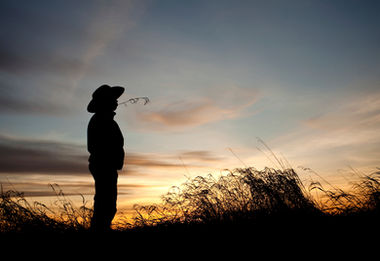 A cowboy stands silhouetted with a reed in his mouth and wild grasses around him against the setting sun.