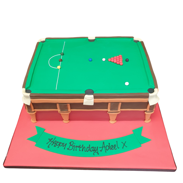 Bespoke snooker table cake with detailed balls and cues, crafted for celebration in Solihull, West Midlands.