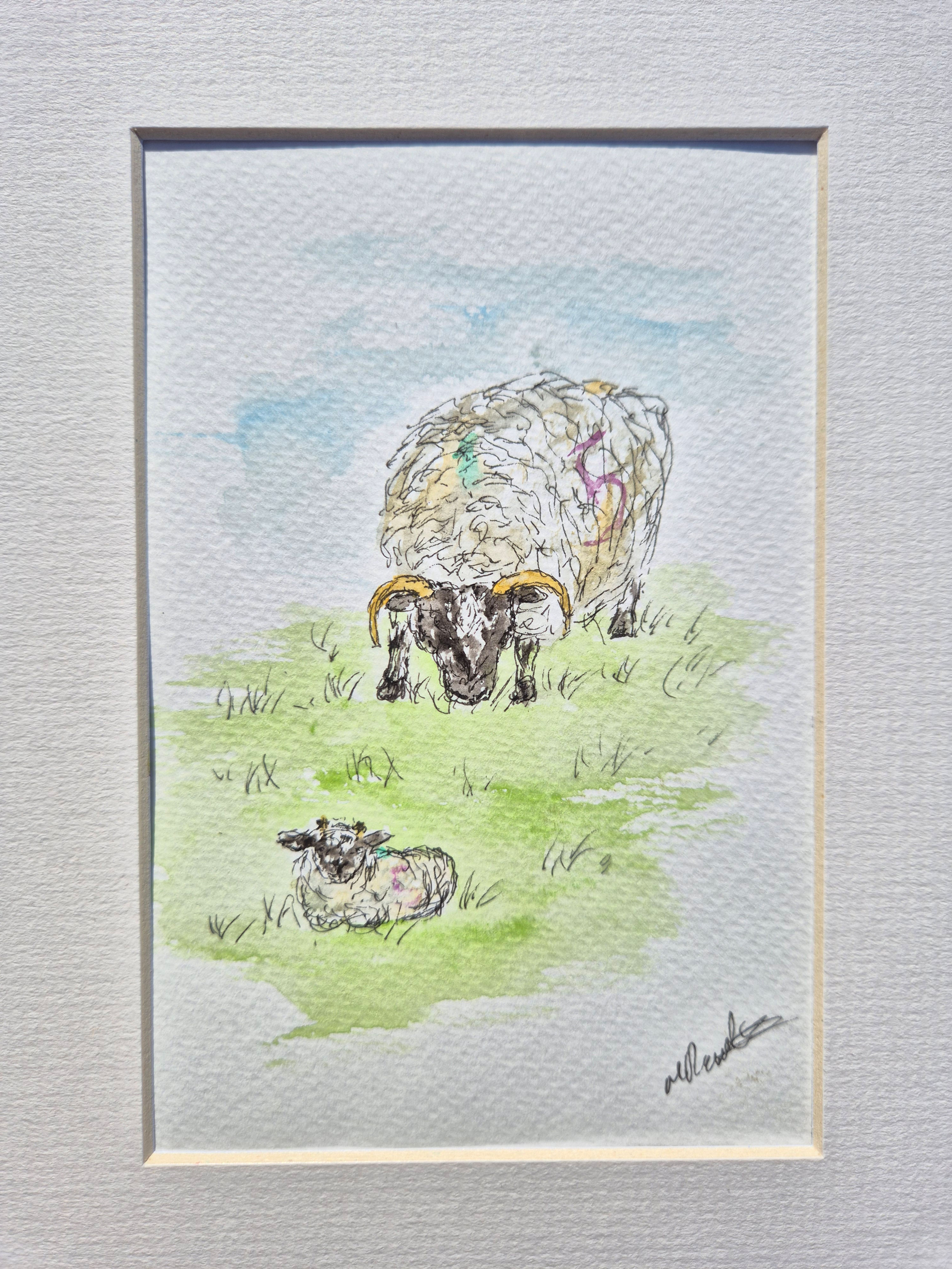 Mini Original Watercolour of ewe and lamb 