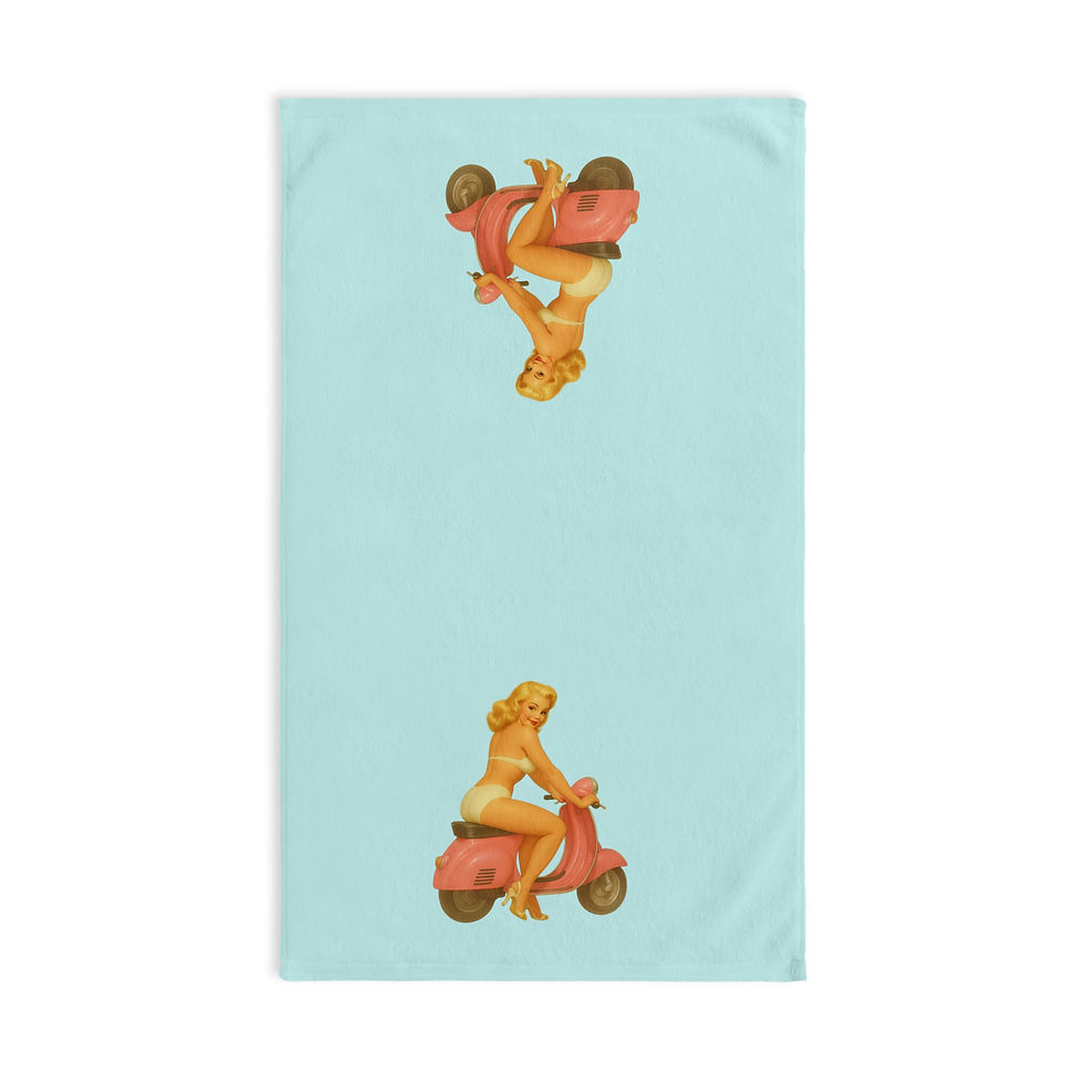 Pin-Up Girl on Motor Scooter Hand Towel, Blonde on Pink Moped, Cream Suit