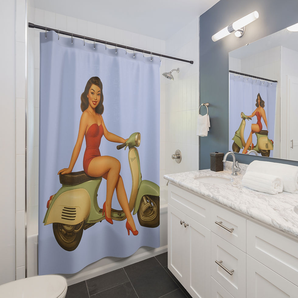 Thumbnail: Pinup Girl on Scooter Shower Curtains, Asian on Green Moped