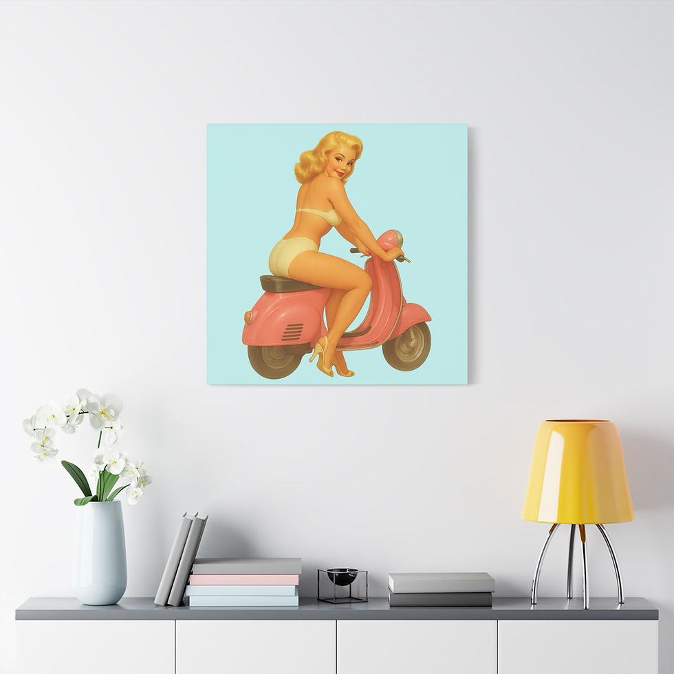 Thumbnail: Pin-Up Girl on Motor Scooter – 30x30 Canvas Wall Art: Blonde on Pink Moped