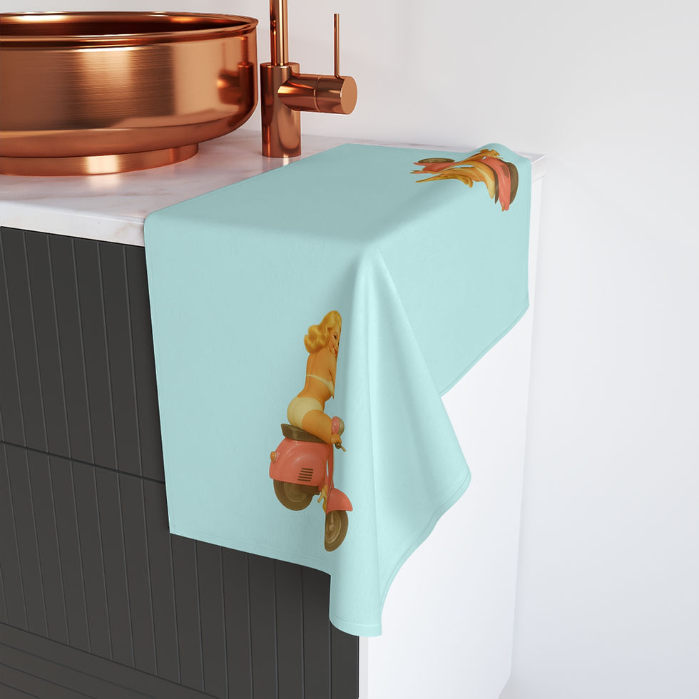 Thumbnail: Pin-Up Girl on Motor Scooter Hand Towel, Blonde on Pink Moped, Cream Suit