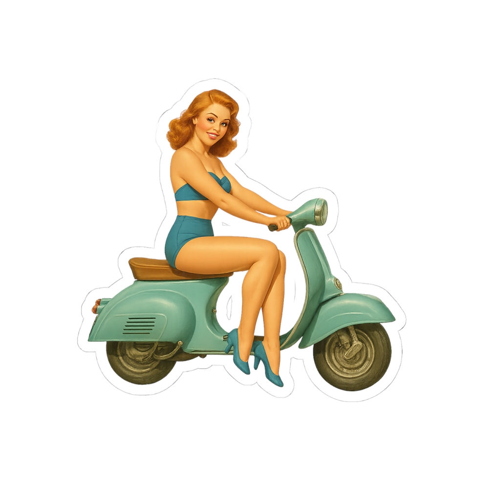 Thumbnail: Pin-Up Girl on Motor Scooter Kiss-Cut Sticker, Redhead