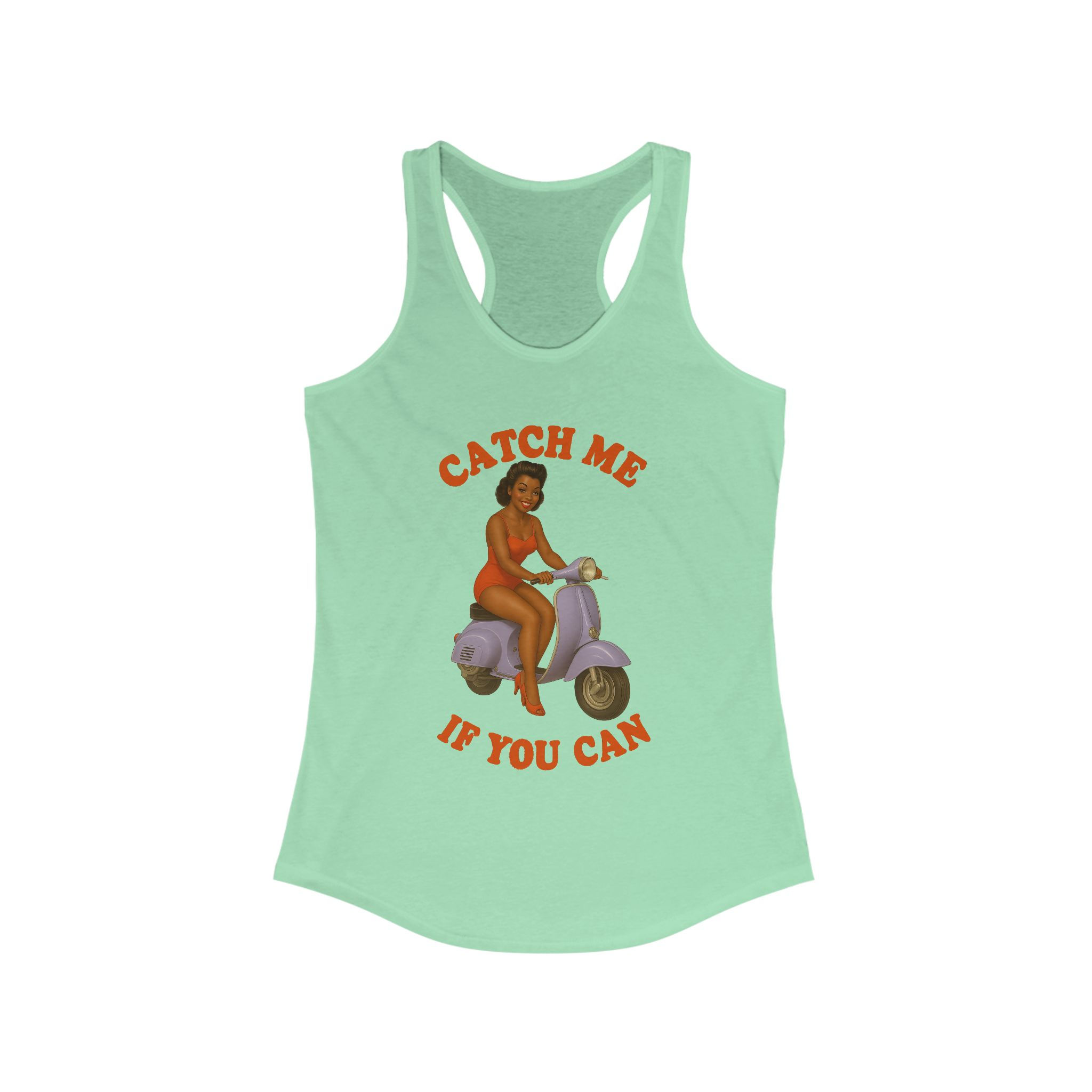 Catch Me If You Can Racerback Tank Top, Women's Pin-Up Girl on Motor Scooter