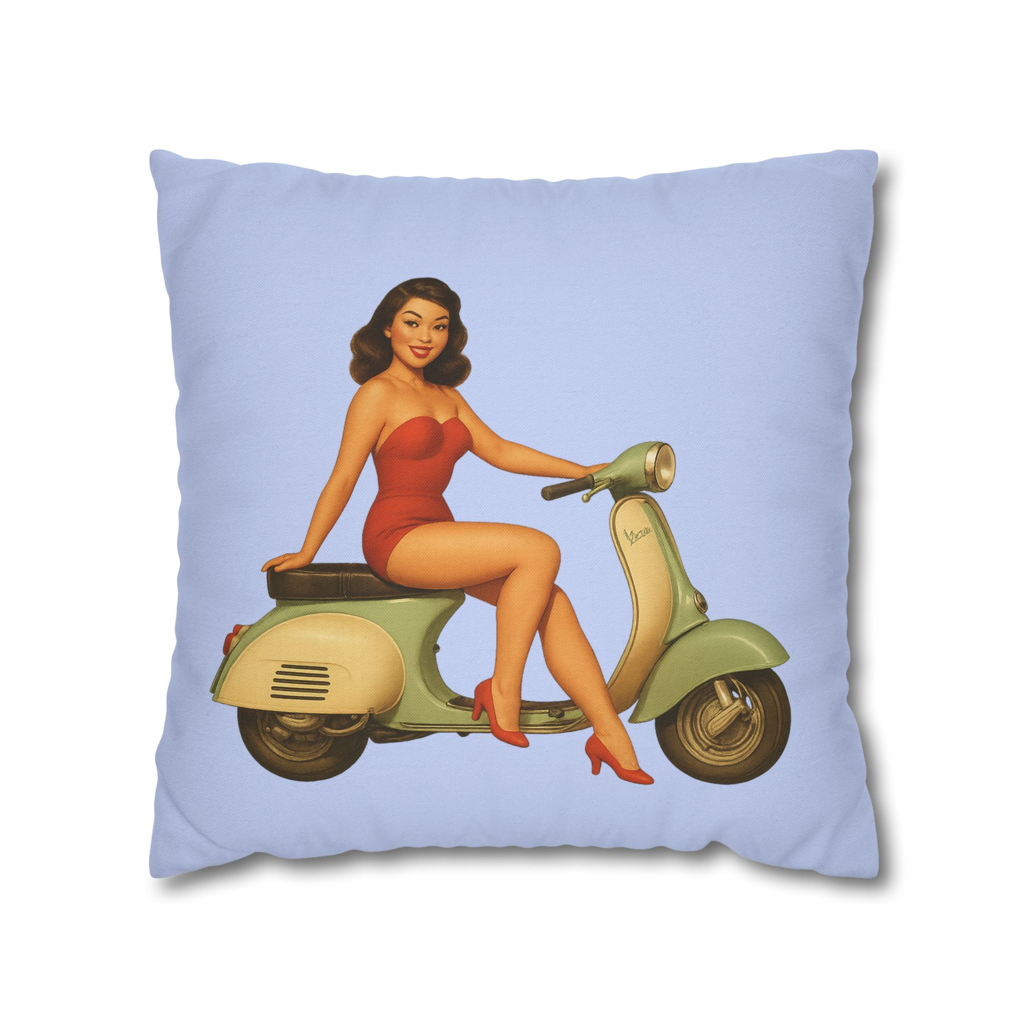 Pin-Up Girl on Motor Scooter Throw Pillow Cover, 18x18 Pillowcase, Asian