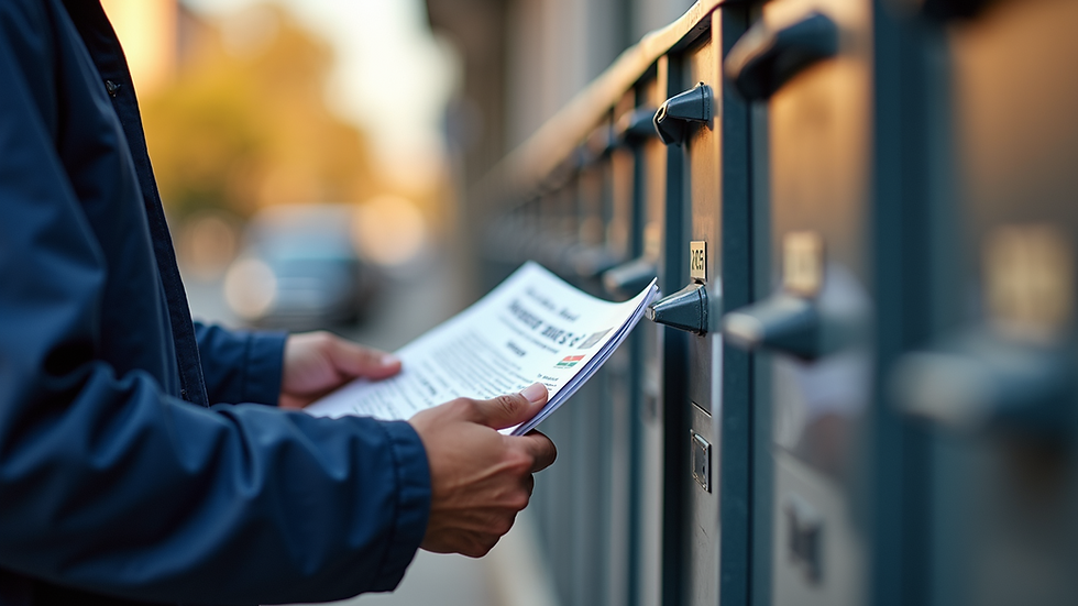 Eye-level view of a flyer distribution worker placing flyers in mailboxes