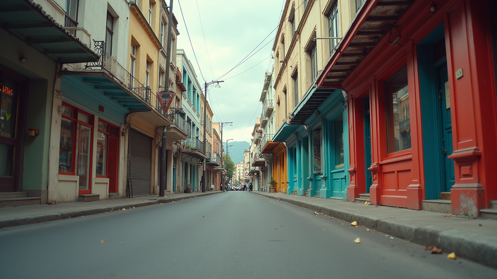 Eye-level view of a busy local street with colorful storefronts