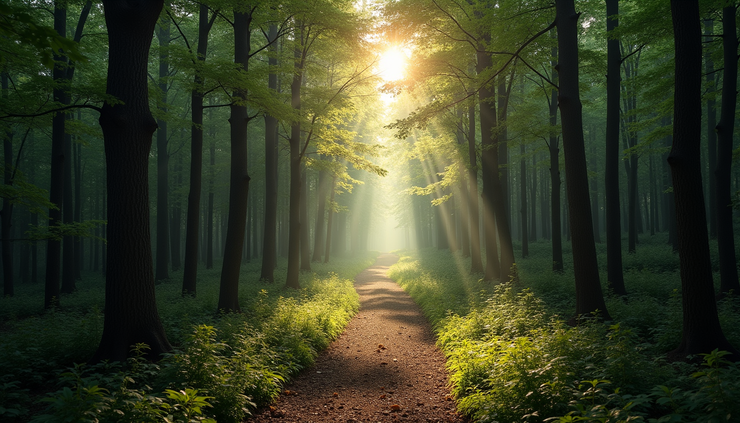 Eye-level view of a narrow path winding through a dense forest with sunlight breaking through the trees