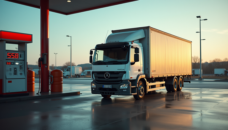 Eye-level view of a delivery truck parked near a gas station with visible fuel price signs
