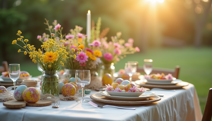 Eye-level view of a festive Easter table set outdoors with colorful decorations and spring flowers