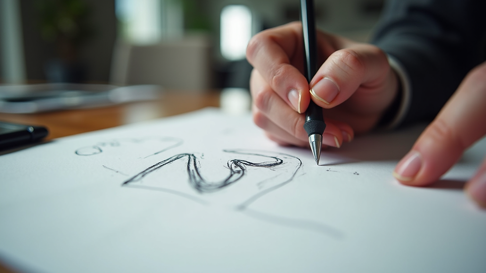 Eye-level view of a designer sketching logo concepts on paper