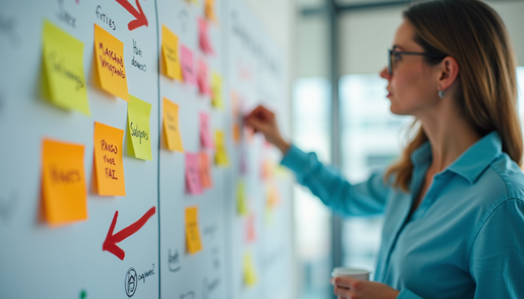 Eye-level view of a focused marketing strategy board with colorful notes and arrows