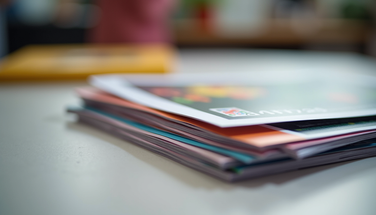 Eye-level view of a stack of colorful custom flyers ready for distribution