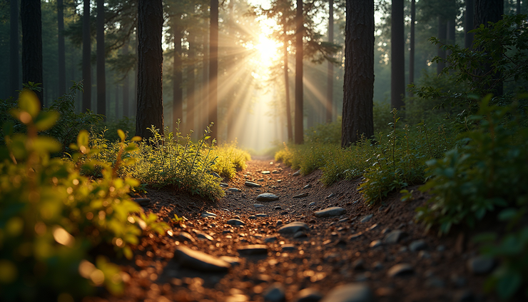 Eye-level view of a worn path leading through a dense forest with sunlight breaking through the trees
