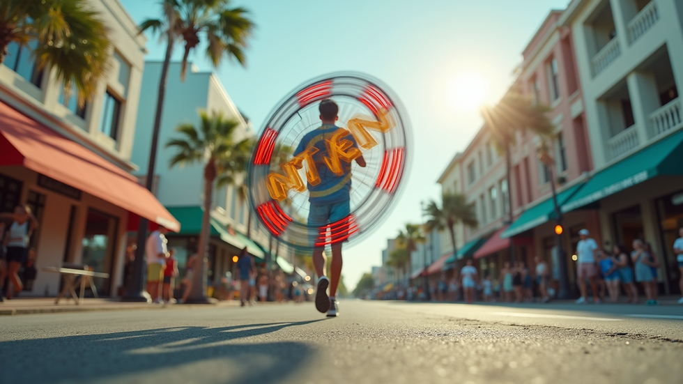 Eye-level view of a human sign spinner spinning a colorful sign on a busy Florida street