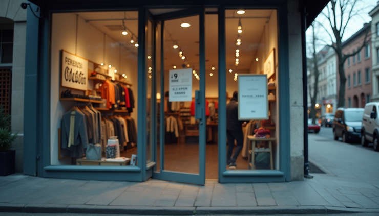 Eye-level view of a small storefront with a closed sign on the door