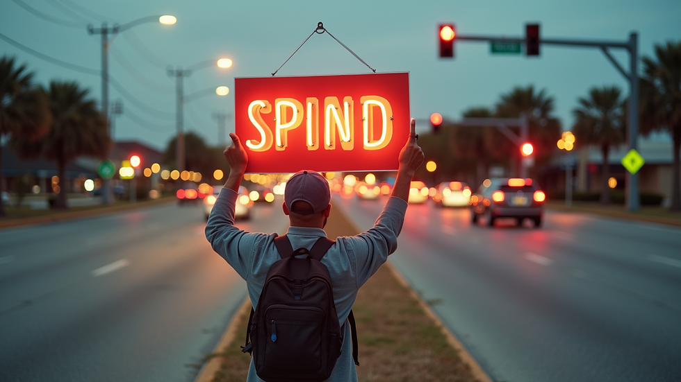High angle view of a sign spinner holding a bright sign near a busy Florida intersection