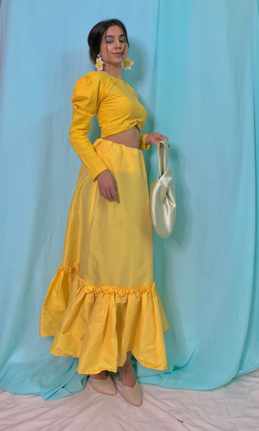 Statement Floral Sleeves Croptop with Ruffle Skirt.