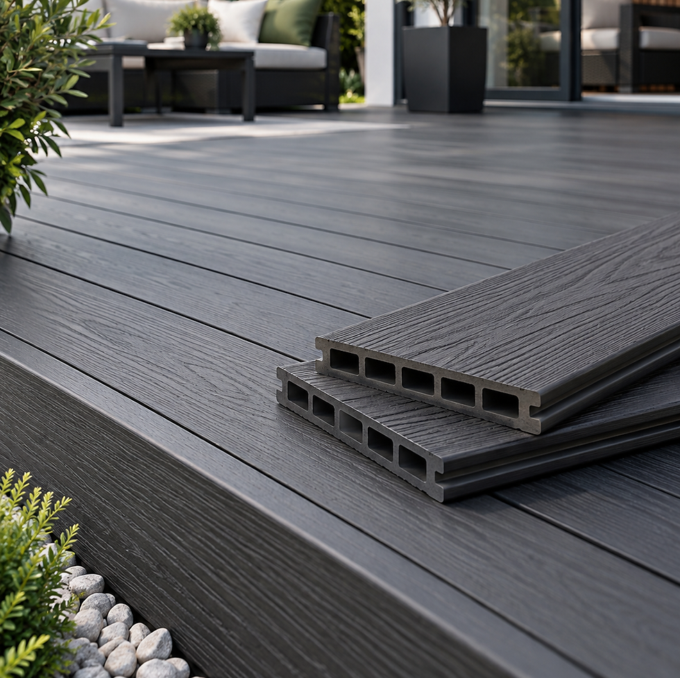 Dark composite decking boards showing a low-maintenance deck finish