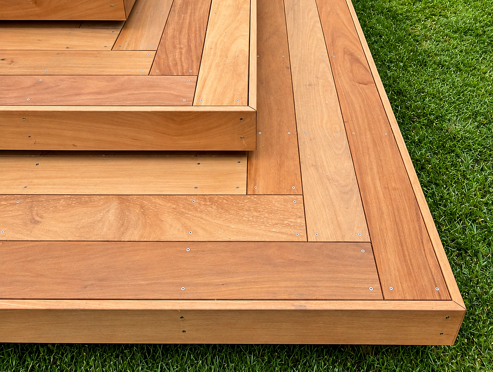 Close-up of pale timber deck steps with detailed corner finishing