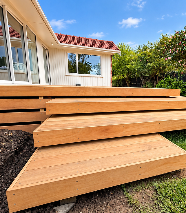 Garapa deck with wide feature steps in Sydenham, Christchurch