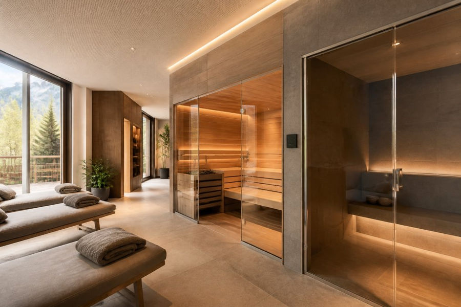 Moderner Spa-Bereich im Schweizer Hotel als Kueng Alternative für Hotels mit hochwertiger Sauna, Dampfbad und Ruhezone.