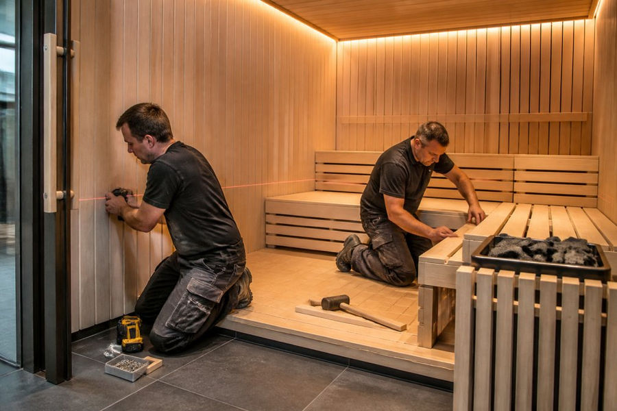 Handwerker bei der Installation von Holzverkleidung und Saunabänken in einer modernen Saunakabine während der Bauphase, mit professionellen Werkzeugen und sorgfältiger Ausführung