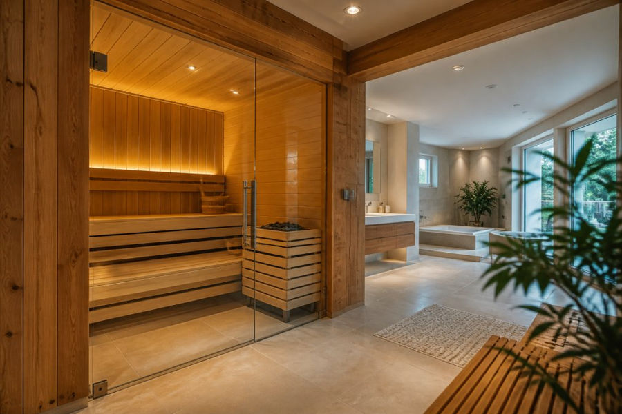 Elegante Holzsauna in einem hellen, modernen Badezimmer als Inspiration, wenn Sie eine Luxus Sauna für zuhause planen.