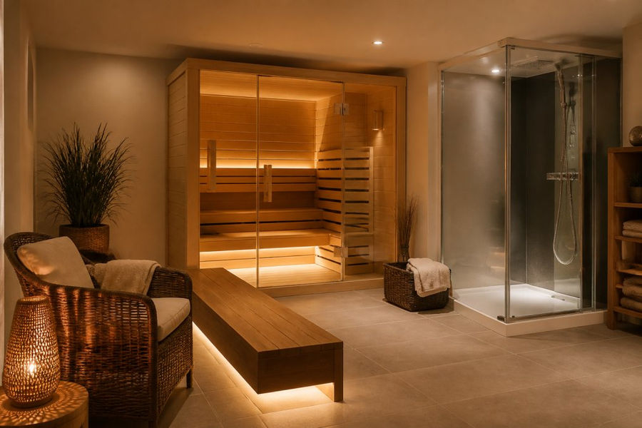 Warme Wellness-Oase im Keller mit Holzsauna, LED-Beleuchtung und Dampfdusche als Teil der 5 Tipps für kleine