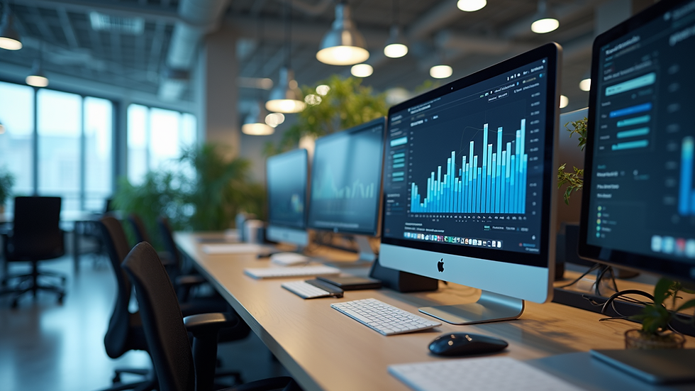 Wide angle view of a modern office with data analytics tools