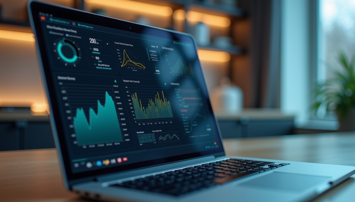 Close-up view of a laptop displaying data visualization charts