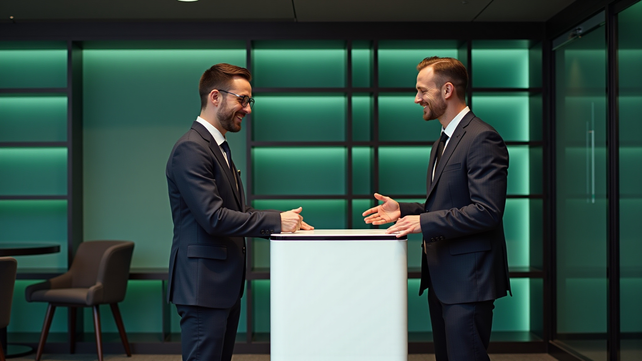 Professional business consultant in dark blazer standing in modern office with green wall backdrop for vending business consultation services