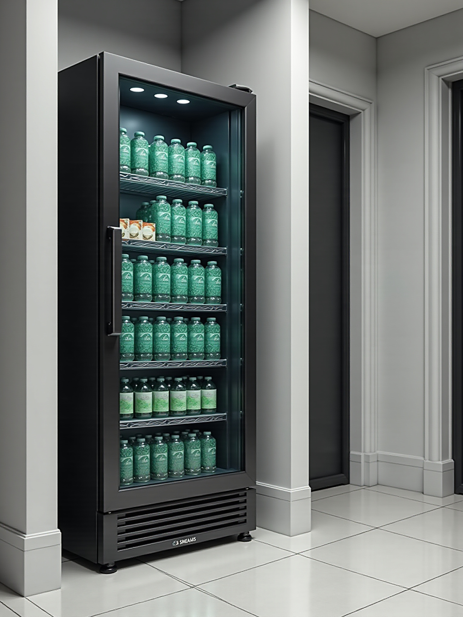 Stocked beverage cooler display case with green-labeled drinks for corporate office vending