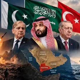 Saudi Pakistan defence pact amid Houthi conflict, showing Saudi Arabia, Pakistan and Türkiye with Yemen and Red Sea map