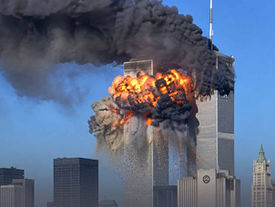 The World Trade Center towers during the September 11 attacks in New York City.