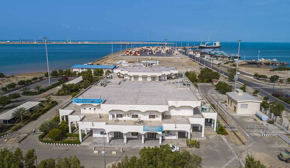 View of Chabahar Port in southeastern Iran with port facilities, cargo containers and the Gulf of Oman