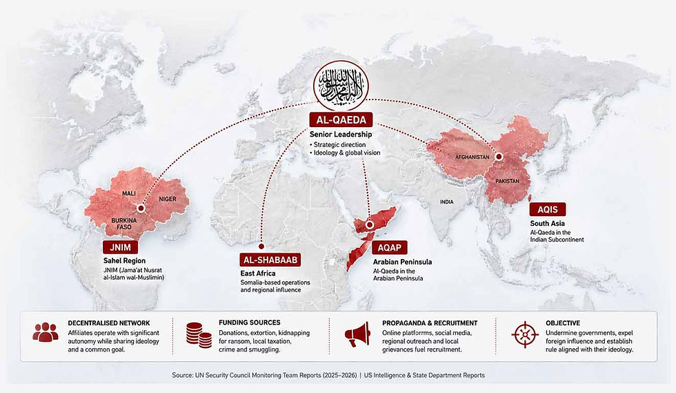 Map showing Al-Qaeda's global network and major affiliates, including JNIM, Al-Shabaab, AQAP and AQIS.