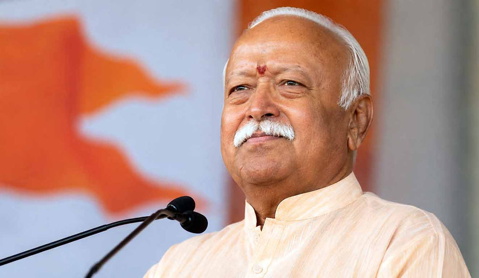 RSS chief Mohan Bhagwat depicted speaking at a public event.