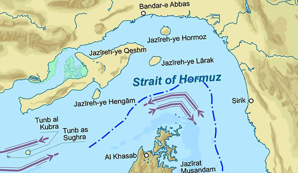 Map of the Strait of Hormuz showing Iran, Oman, Persian Gulf, Gulf of Oman and major shipping lanes