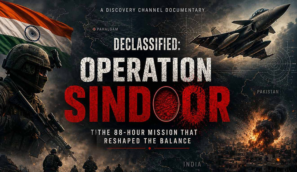 Declassified Operation Sindoor documentary illustration depicting Indian armed forces, fighter aircraft and the 88-hour military operation
