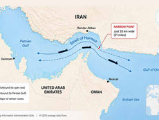 Map of the Strait of Hormuz showing Iran, Oman, UAE, Saudi Arabia, major oil tanker routes and the narrow shipping passage connecting the Persian Gulf with the Gulf of Oman.