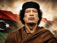 Muammar Gaddafi portrait with Libya flag for explainer on the fall of Muammar Gaddafi and the 2011 Libya civil war