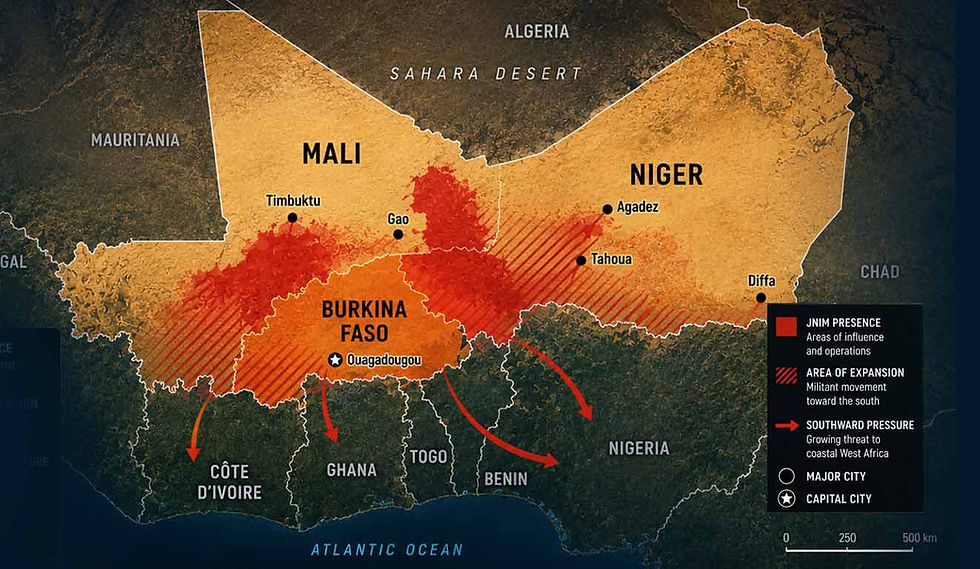 Map showing JNIM activity across Mali, Burkina Faso and Niger and expansion toward coastal West Africa.