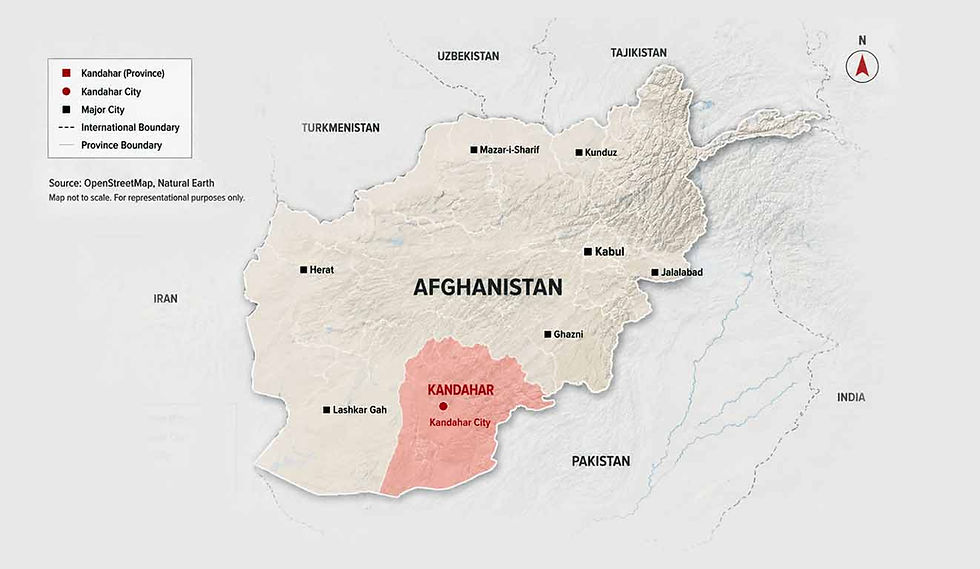 Map of Afghanistan highlighting Kandahar, a key focus in the US hunt for Osama bin Laden in the late 1990s.